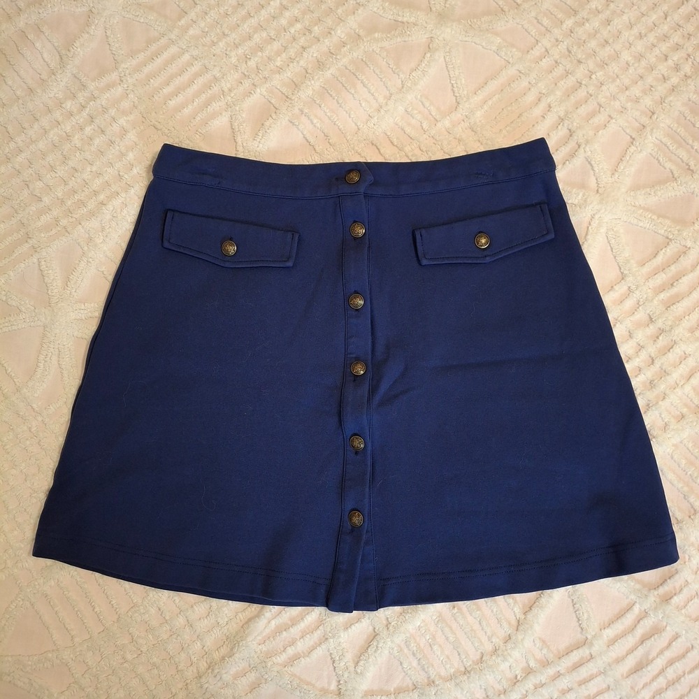 ModCloth Womens Large Mini Skirt Navy Blue Button Front A-Line Ponte Knit